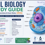 Cell biology study guide showing labeled animal cell, plant cell diagrams, organelle functions, and mitosis stages for high school and college students